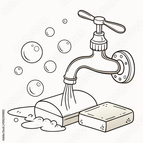An illustration of a soap bar with bubbles coming out of a faucet