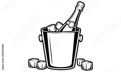Vector illustration of a champagne bottle in an ice bucket with ice cubes around it, perfect for luxury celebrations and party designs