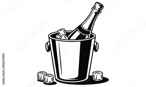 Vector graphic illustration of a champagne bottle in an ice bucket with ice cubes scattered around it, symbolizing celebration and luxury