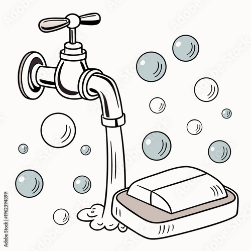 An illustration of a faucet with soap bubbles and a bar of soap in a dish
