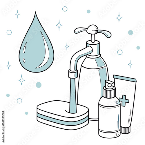 An illustration of a dispenser with a toothbrush, toothpaste, and a bottle of lotion with a drop of water and bubbles
