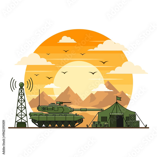Military Tank and Communications Tower at Desert Sunset with Tent