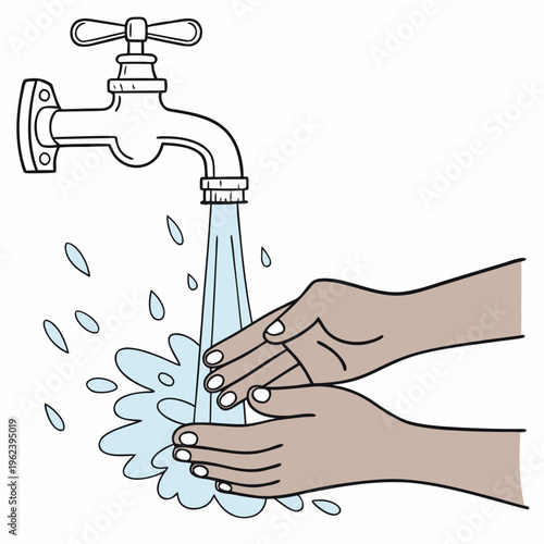 Hands being washed under a running faucet with water splashing