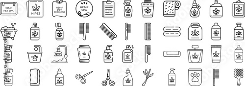 Pet grooming icons set, 40 line icons for professional animal care, dog grooming supplies and veterinary hygiene equipment vector