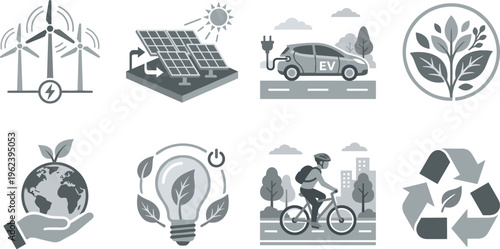 Sustainable energy icons renewable power solar wind electric vehicle eco lifestyle recycling green environment clean technology vector illustration set