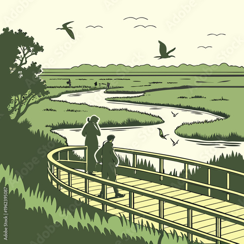 Illustration of a couple on a boardwalk through a serene natural wetland landscape with birds flying overhead