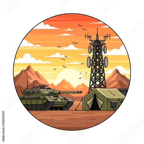 Military Tank, Communication Tower, and Tent in Desert Landscape at Sunset