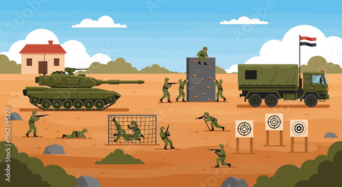 Military Training Exercise: Soldiers Practice Combat Skills with Tank, Obstacles, and Target Shooting