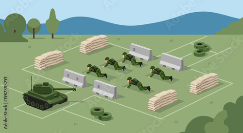 Military Training Obstacle Course with Soldiers and Tank
