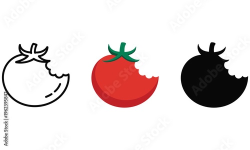 Vector graphic illustration of a set of three bitten tomatoes in different styles and colors for design and branding purposes