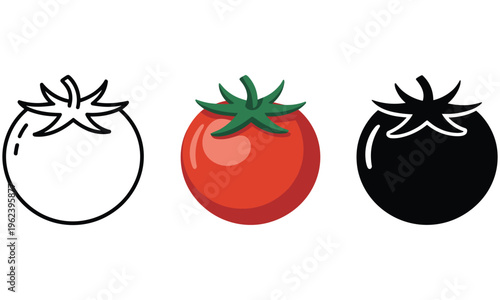 Vector graphic illustration of three tomato designs in different styles and colors for various uses