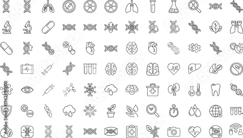 Vector illustration of medical and scientific icons including DNA, lungs, microscope, pills, heart, brain and syringe