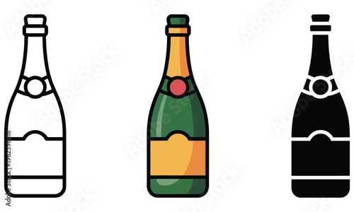 Vector graphic illustration of three champagne bottles in different designs and colors for celebration and party themes