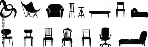Vector illustration of diverse seating furniture silhouettes including chairs, stools, benches and chaise lounges