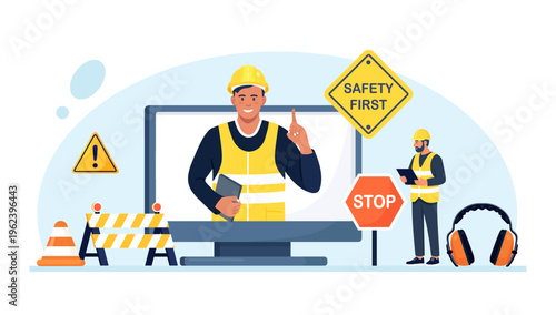 OSHA service. Occupational safety regulations and health inspection. Worker security protection policy. Online safety rules, briefing. Government public service protecting worker from health hazards