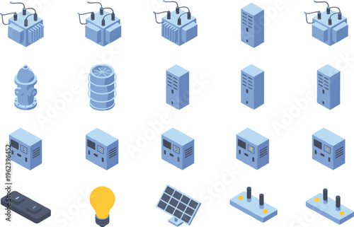 Vector illustration of electrical infrastructure components including transformers, panels, solar panels, outlets and utility cabinets