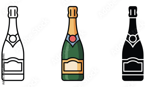 Vector graphic illustration of three champagne bottles in different styles and colors for design use