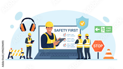 OSHA service. Occupational safety regulations and health inspection. Worker security protection policy. Online safety rules, briefing. Government public service protecting worker from health hazards