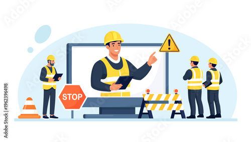 OSHA service. Occupational safety regulations and health inspection. Worker security protection policy. Online safety rules, briefing. Government public service protecting worker from health hazards