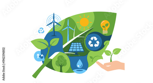 Sustainable Green Energy & Environment Concept: Renewable Power, Eco-Friendly Solutions, Nature Conservation Iconography