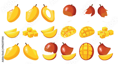 Mango fruit variations with whole bitten sliced cubes and different cuts tropical vector illustration set isolated on white background