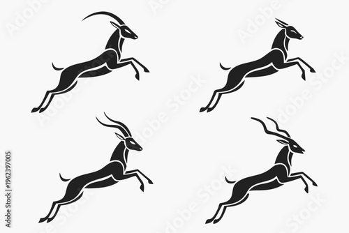 Four black antelope silhouettes in motion on white background