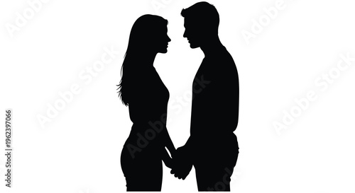 Loving couple silhouette holding hands in romantic embrace
