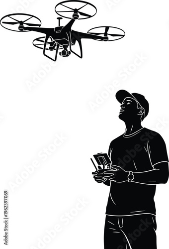 Black silhouette of a man operating a quadcopter drone with remote control isolated on white background for technology and hobby.
