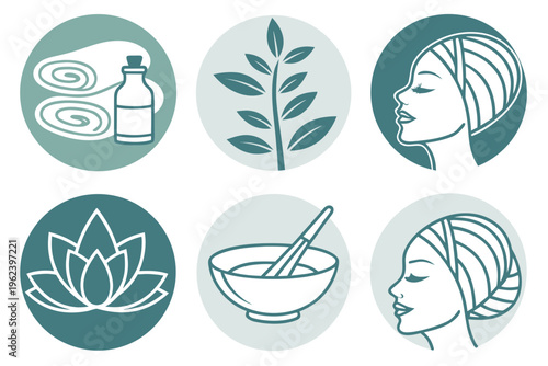 Spa and wellness icons featuring a woman plants and skincare products