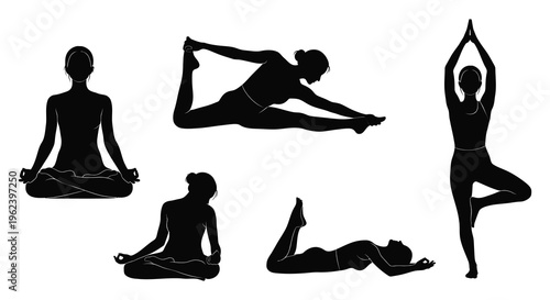Yoga poses silhouette illustration featuring various meditation and exercise positions