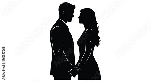 Romantic silhouette of a couple holding hands in love