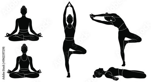Silhouette of various yoga poses for meditation and flexibility in a serene setting silhouette