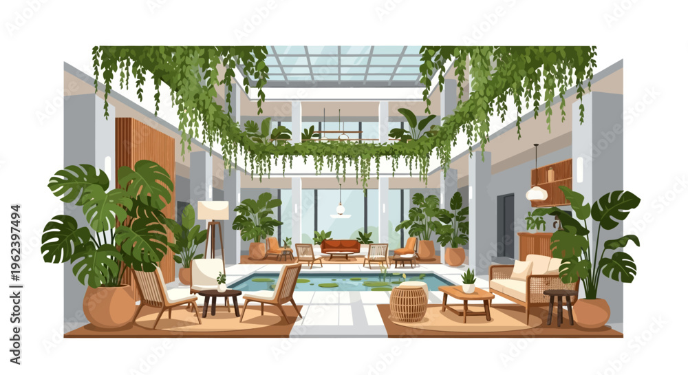 Fototapeta premium Modern Biophilic Interior Atrium with Lush Greenery, Skylight & Central Pond - Serene & Eco-Friendly Design