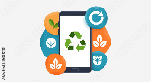 Smartphone with Green Recycling Symbol and Environmental Icons. Digital Sustainability and Eco-Friendly Technology Concept.