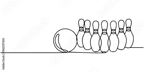 one line drawing of a bowling ball and pins on a wooden lane for sports competition concept