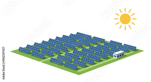 Isometric Solar Panel Farm Illustration - Renewable Energy & Sustainable Power Generation under the Sun
