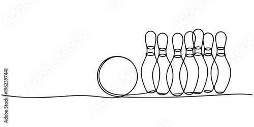 one line drawing of a bowling ball and pins on a wooden lane for sports competition concept