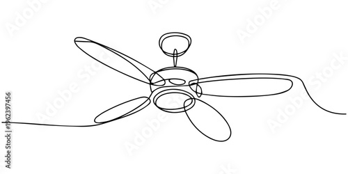 continuous one line drawing of a ceiling fan with light fixture a home appliance for cooling air vector outline sketch