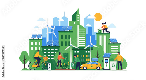Sustainable Green City: Urban Life with Solar, Wind, Electric Cars, Recycling, and Community Gardening for a Healthier Environment