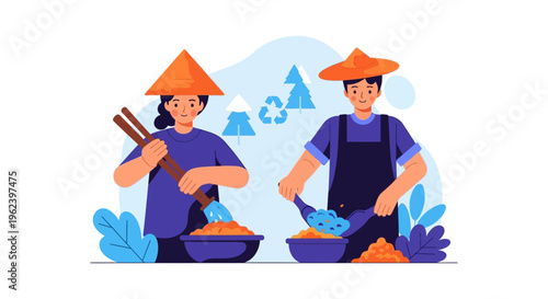 Sustainable Asian Farming: Farmers Cultivating Crops with Eco-Friendly Practices - Vector Illustration