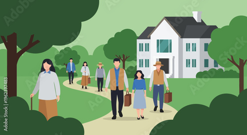 Diverse Group Walking to Home in Green Park. Flat Design Illustration of Family and Community Lifestyle, Real Estate, and Leisure.