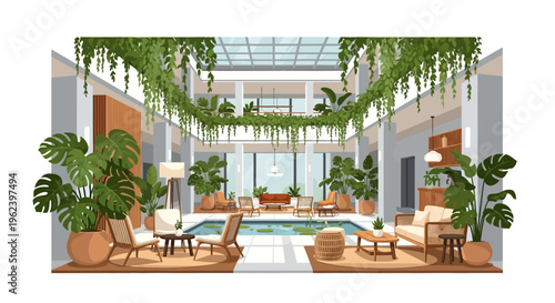 Modern Biophilic Interior Atrium with Lush Greenery, Skylight & Central Pond - Serene & Eco-Friendly Design