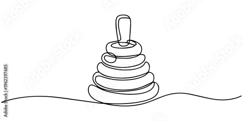 Single continuous line drawing children's plastic toy pyramid. Pyramid toy icon, Kids children stackable ring toy. Children pyramid or pile rings toy. One line draw graphic design vector illustration