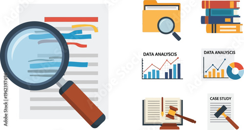 Stack of research files and binders, including case studies and statutes, indicating organized legal and business information management.