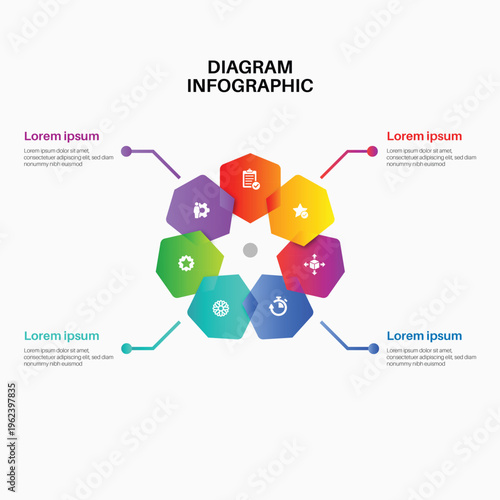 Colorful circular infographic diagram with hexagon process steps for business presentation