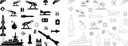 Military weapon war icon set collection in black vector illustration including gun pistol revolver cannon missile rocket bomb grenade aircraft jet ship symbols pack isolated on transparent background