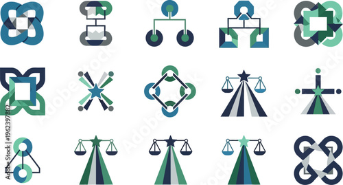 A collection of diverse geometric icons represents business concepts like organization, collaboration, and legal balance.