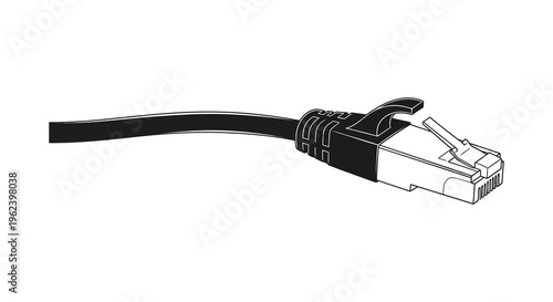 Silhouette of a black ethernet cable with rj45 connector on a white background