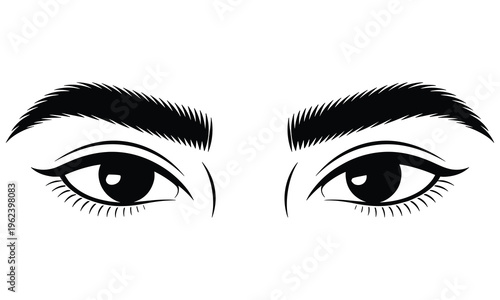 Close-up illustration of a woman's eyes with thick eyebrows and eyeliner