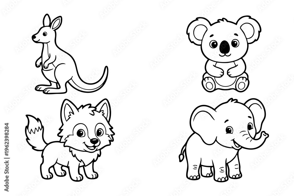 Obraz premium Cute Baby Kangaroo Koala Wolf and Elephant Line Art Set